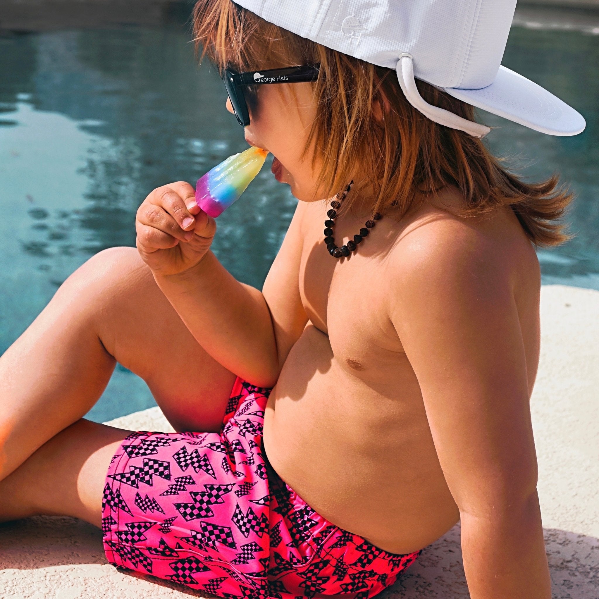 Neon Pink Check Bolts Hybrid Swim Shorts - George Hats