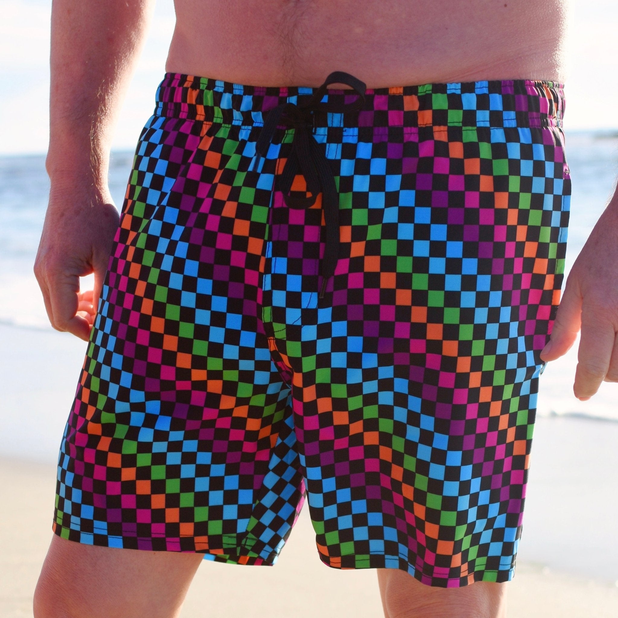 PRE-ORDER Adult Neon Rainbow Check Swim Shorts - George Hats