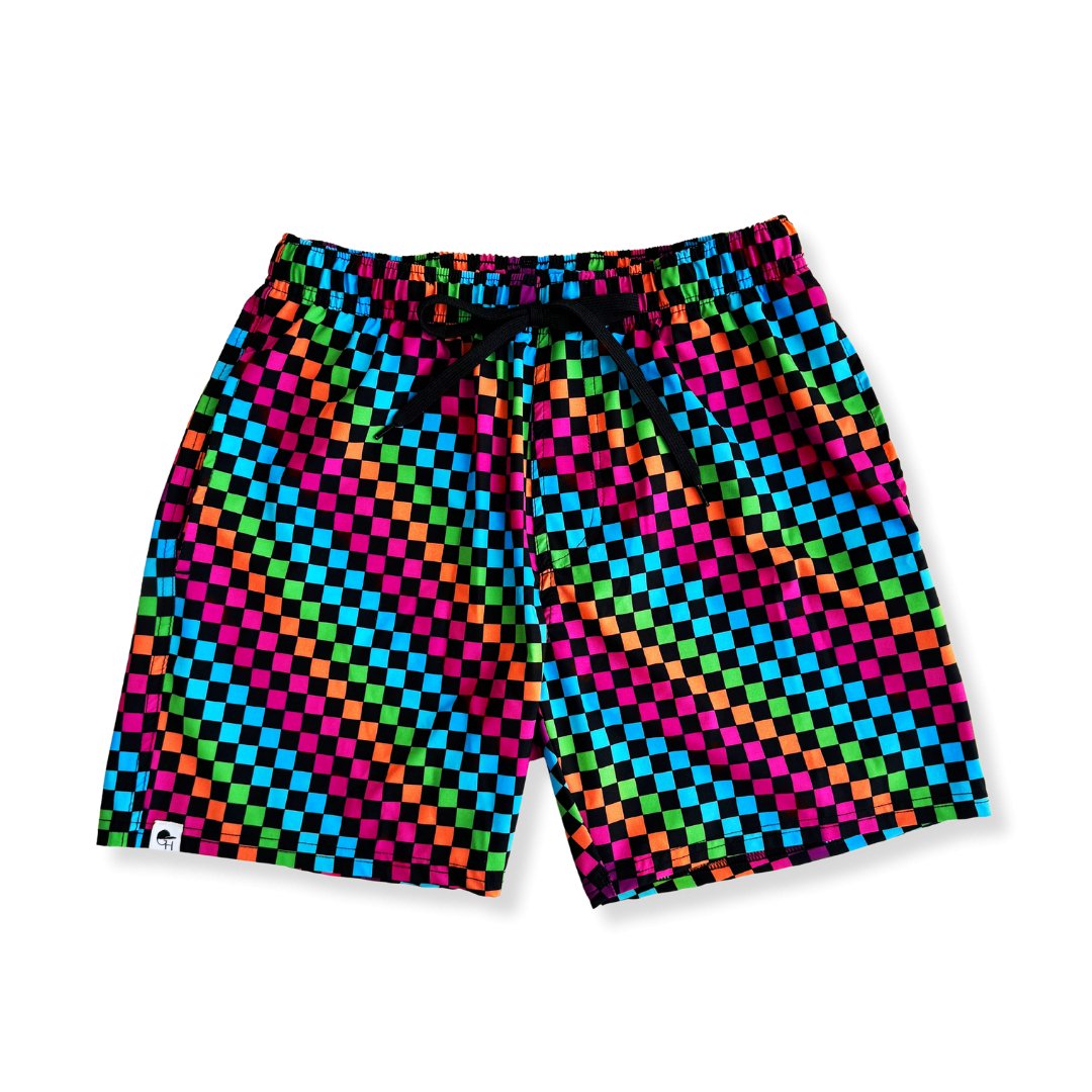 PRE-ORDER Adult Neon Rainbow Check Swim Shorts - George Hats