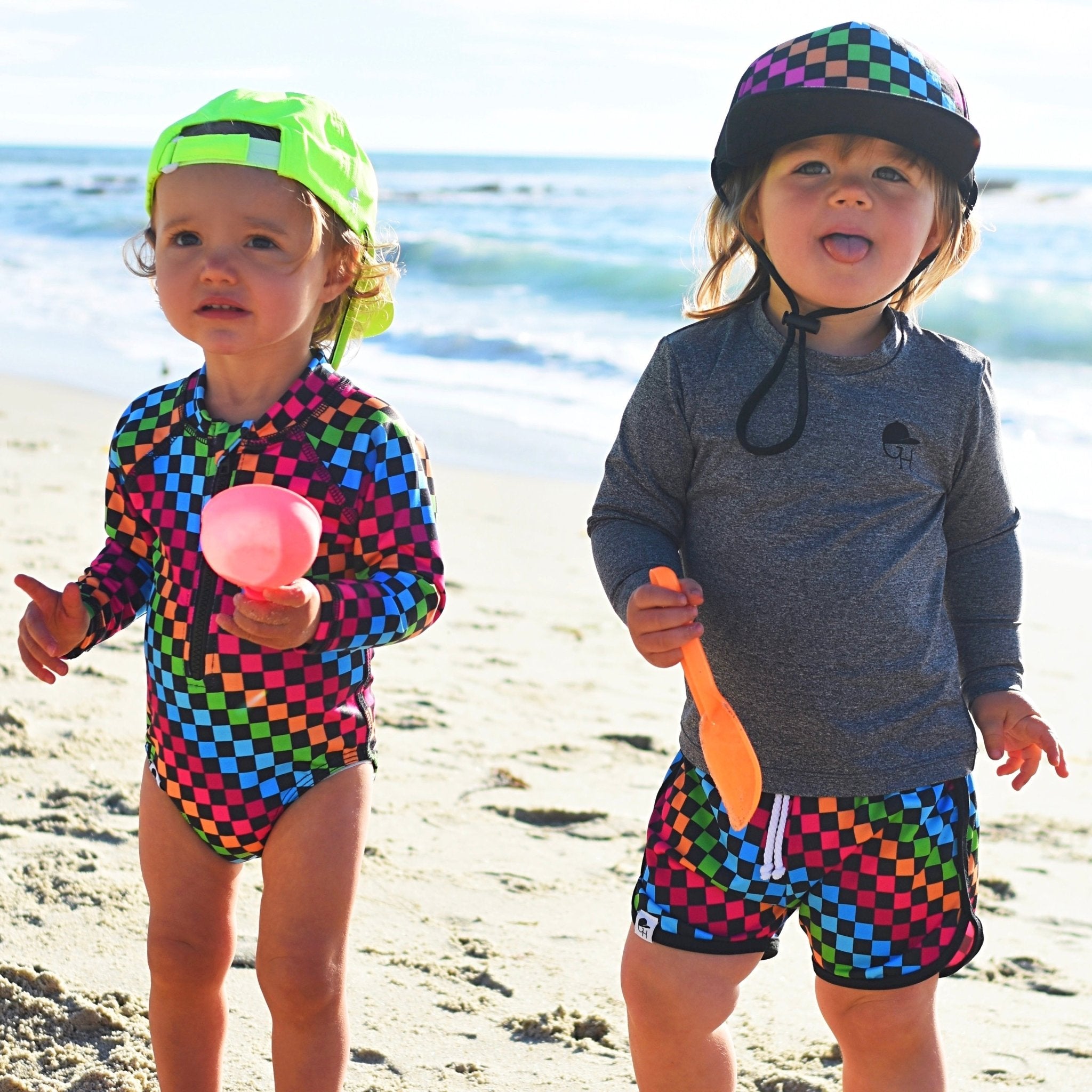 PRE-ORDER Girls Neon Rainbow Check Swim Suit - George Hats