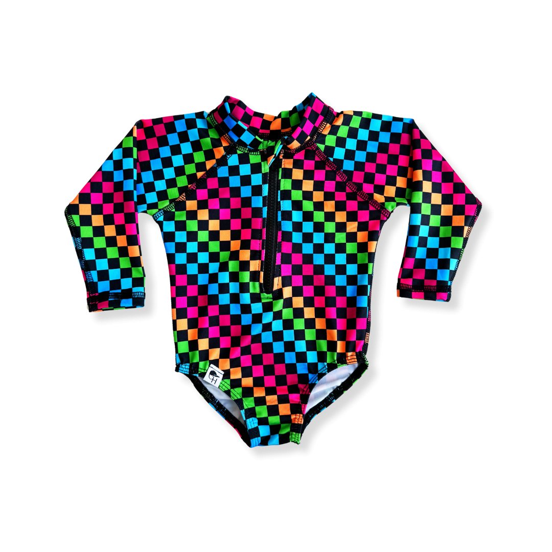 PRE-ORDER Girls Neon Rainbow Check Swim Suit - George Hats