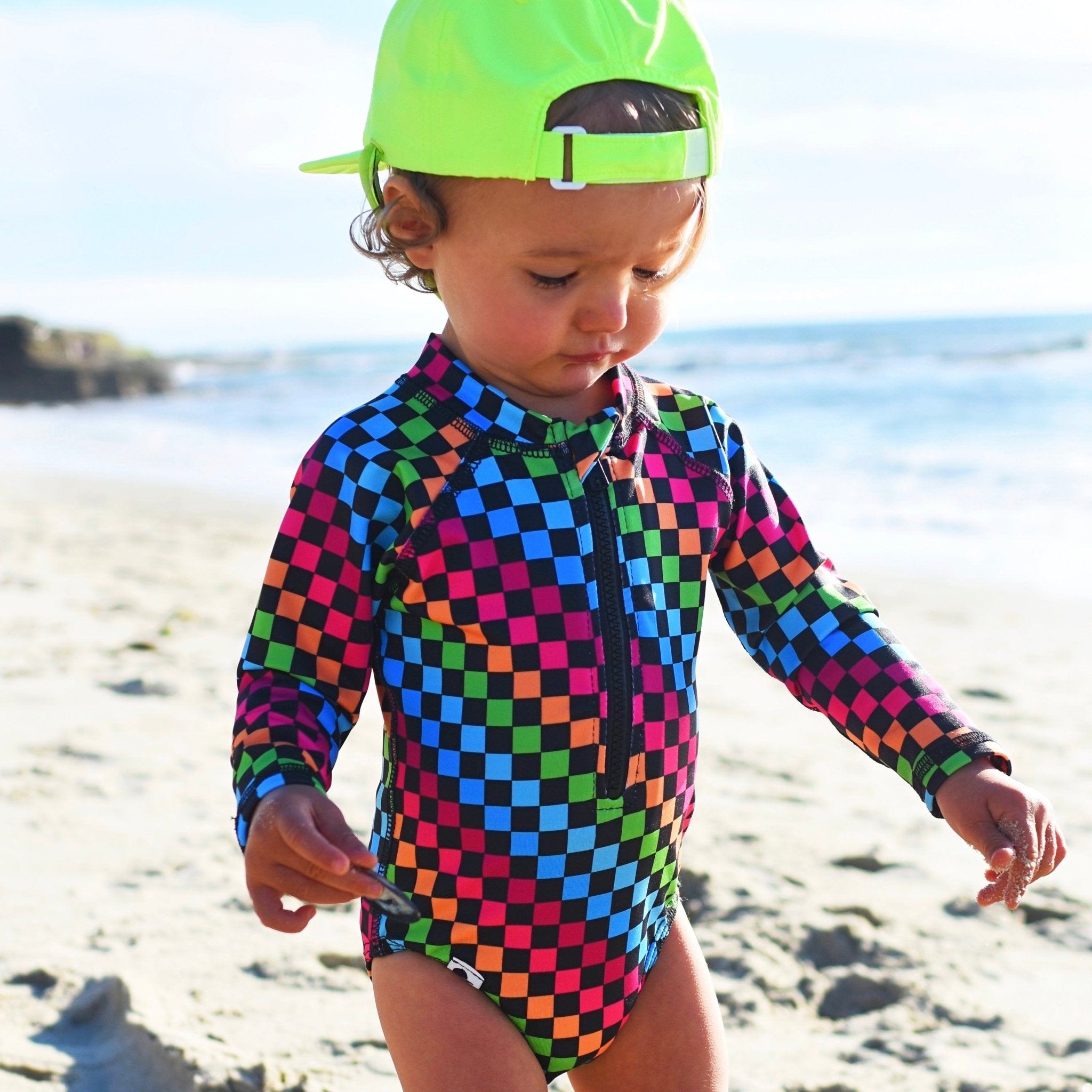 PRE-ORDER Girls Neon Rainbow Check Swim Suit - George Hats