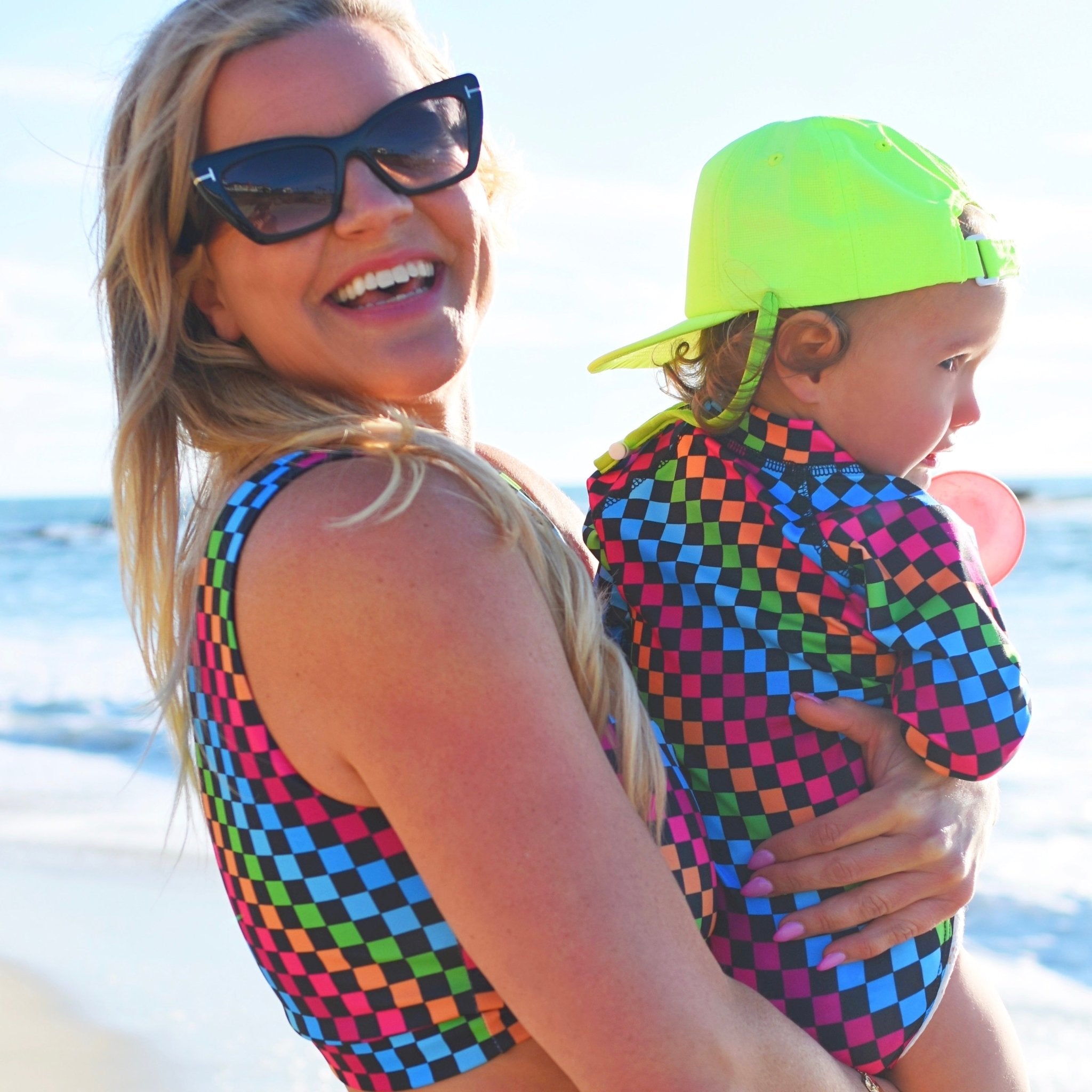 PRE-ORDER Girls Neon Rainbow Check Swim Suit - George Hats