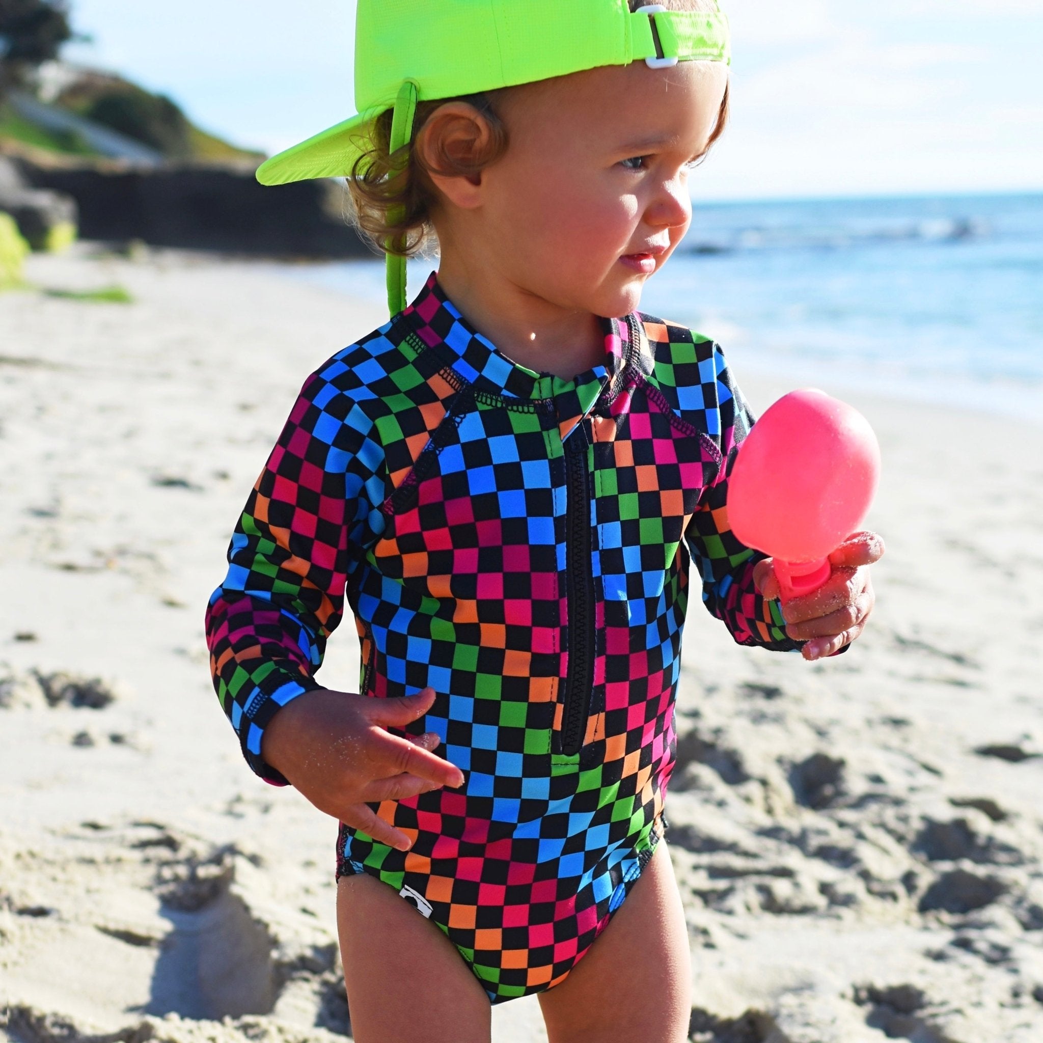 PRE-ORDER Girls Neon Rainbow Check Swim Suit - George Hats