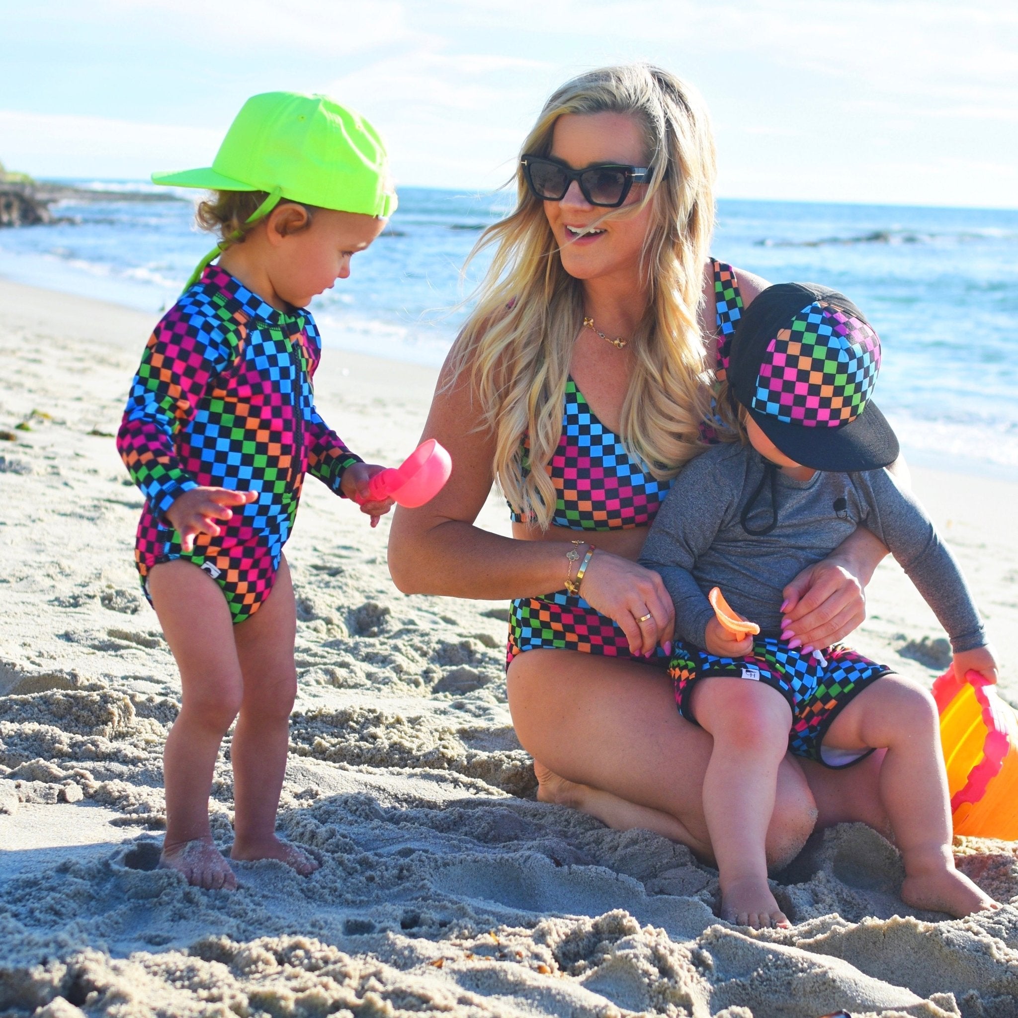 PRE-ORDER Girls Neon Rainbow Check Swim Suit - George Hats