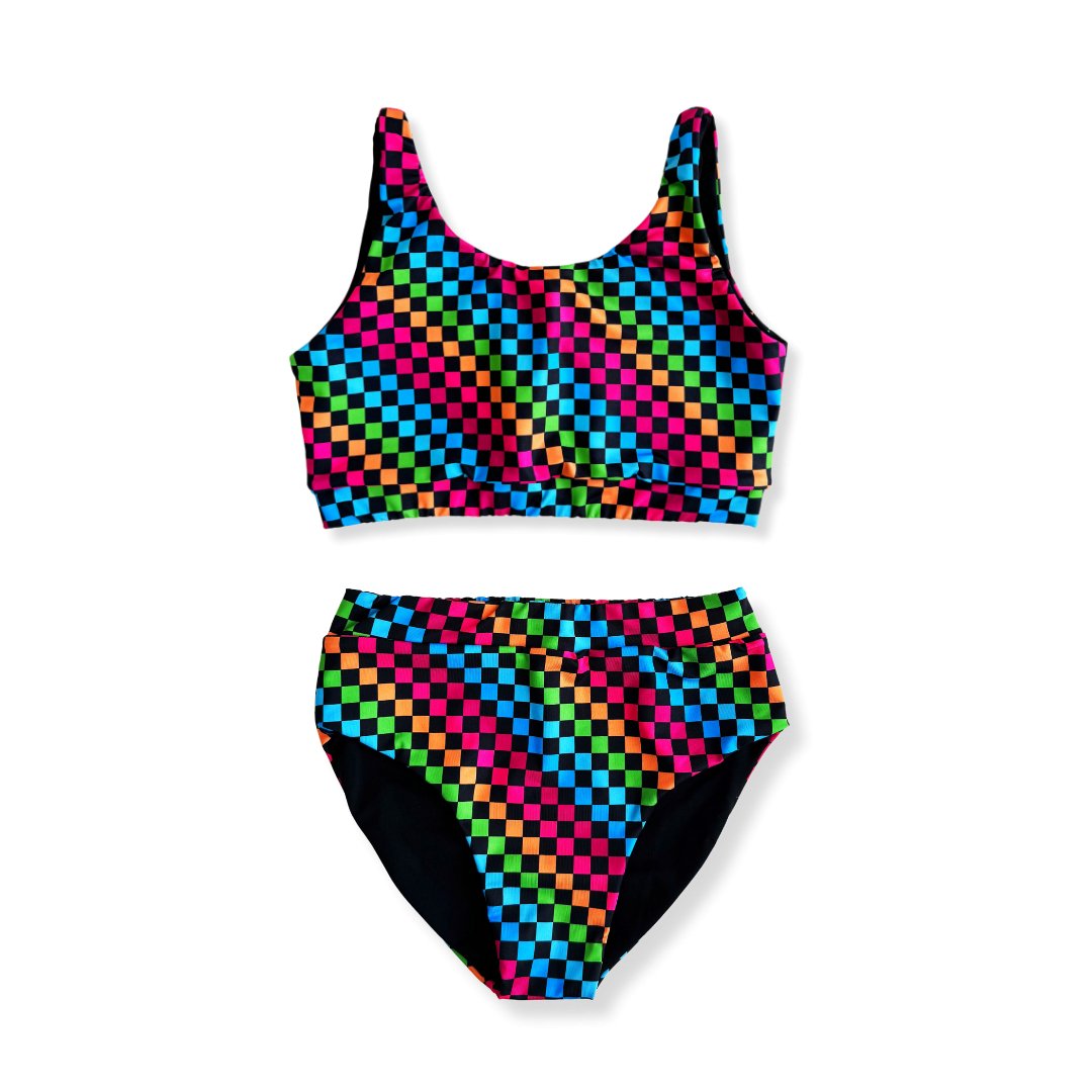 PRE-ORDER Women’s Neon Rainbow Check 2-piece Swim Suit - George Hats