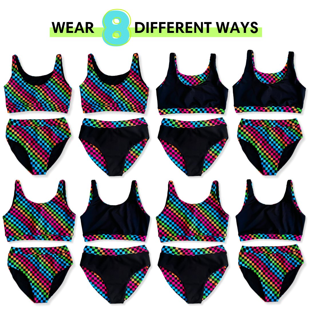 PRE-ORDER Women’s Neon Rainbow Check 2-piece Swim Suit - George Hats