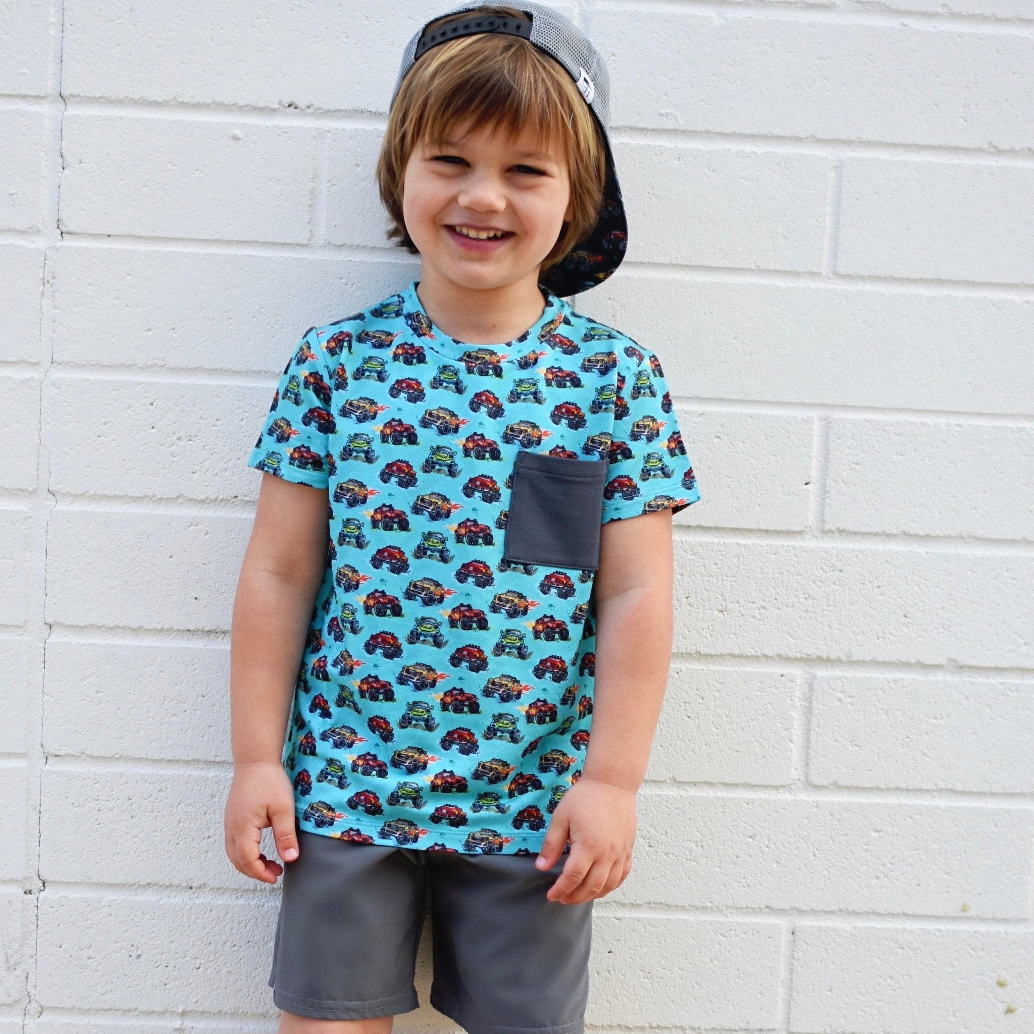 Teal Monster Truck Bamboo Pocket Tee - George Hats