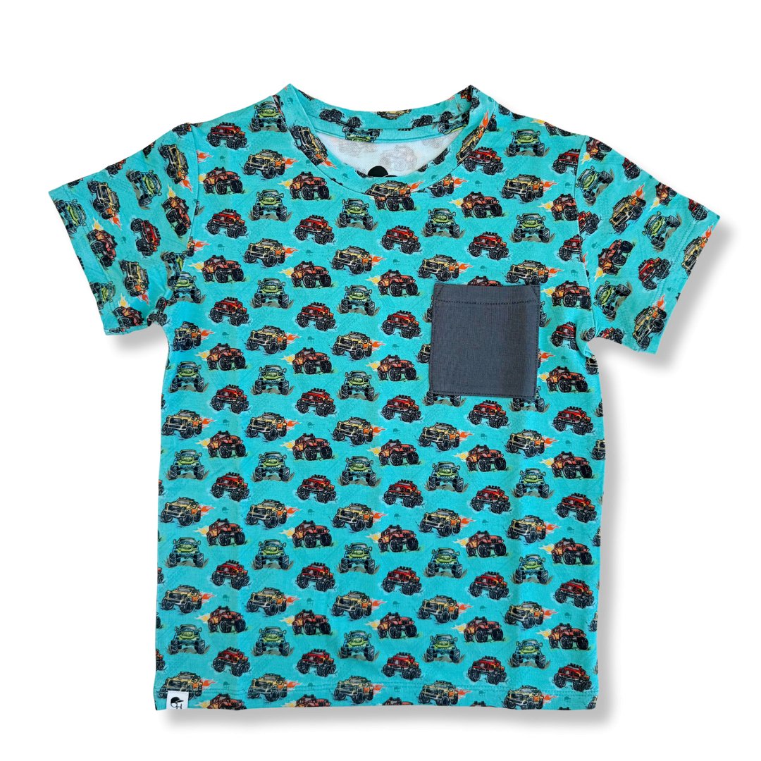 Teal Monster Truck Bamboo Pocket Tee - George Hats