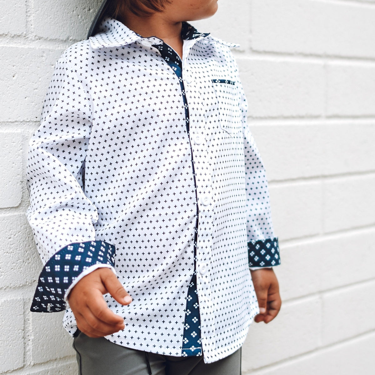 White Navy Long Sleeve Collared Shirt - George Hats