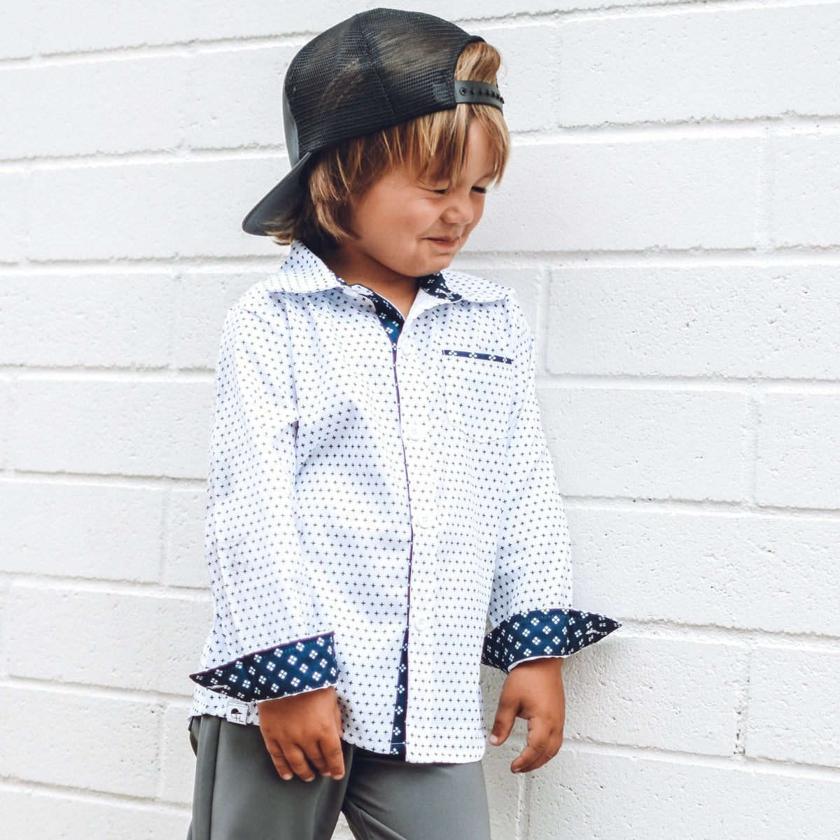 White Navy Long Sleeve Collared Shirt - George Hats