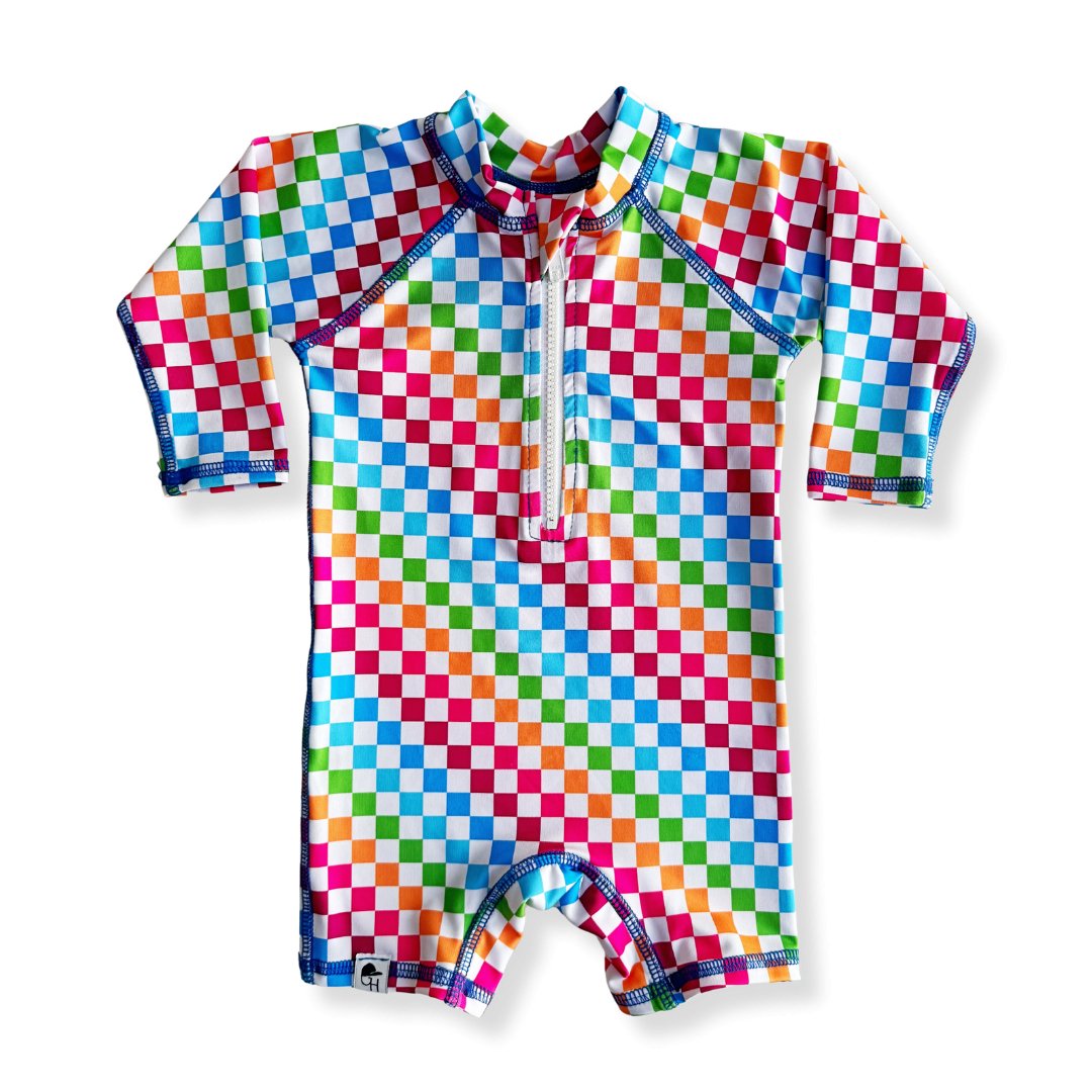 White Neon Check Long Sleeve Sunsuit - George Hats