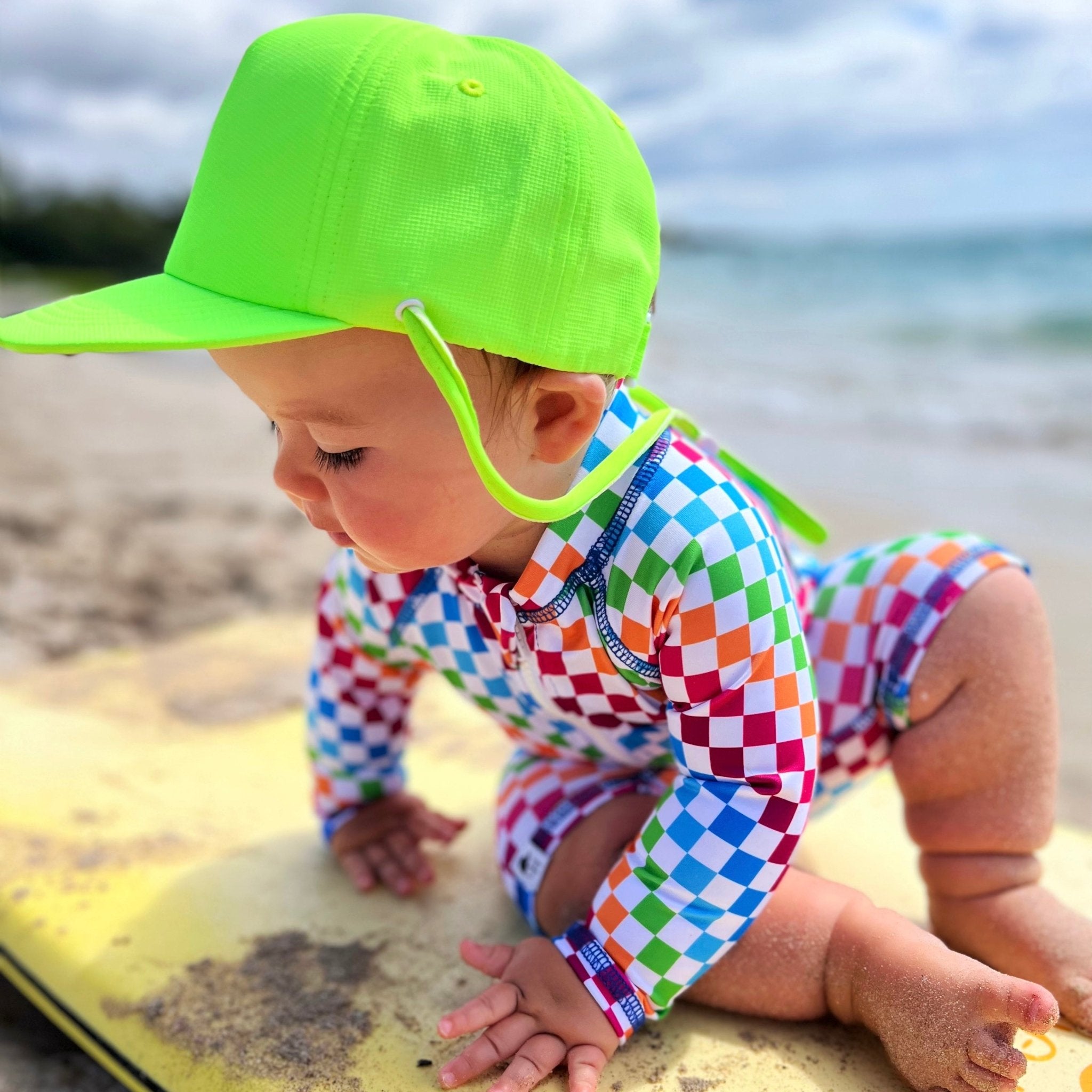 White Neon Check Long Sleeve Sunsuit - George Hats