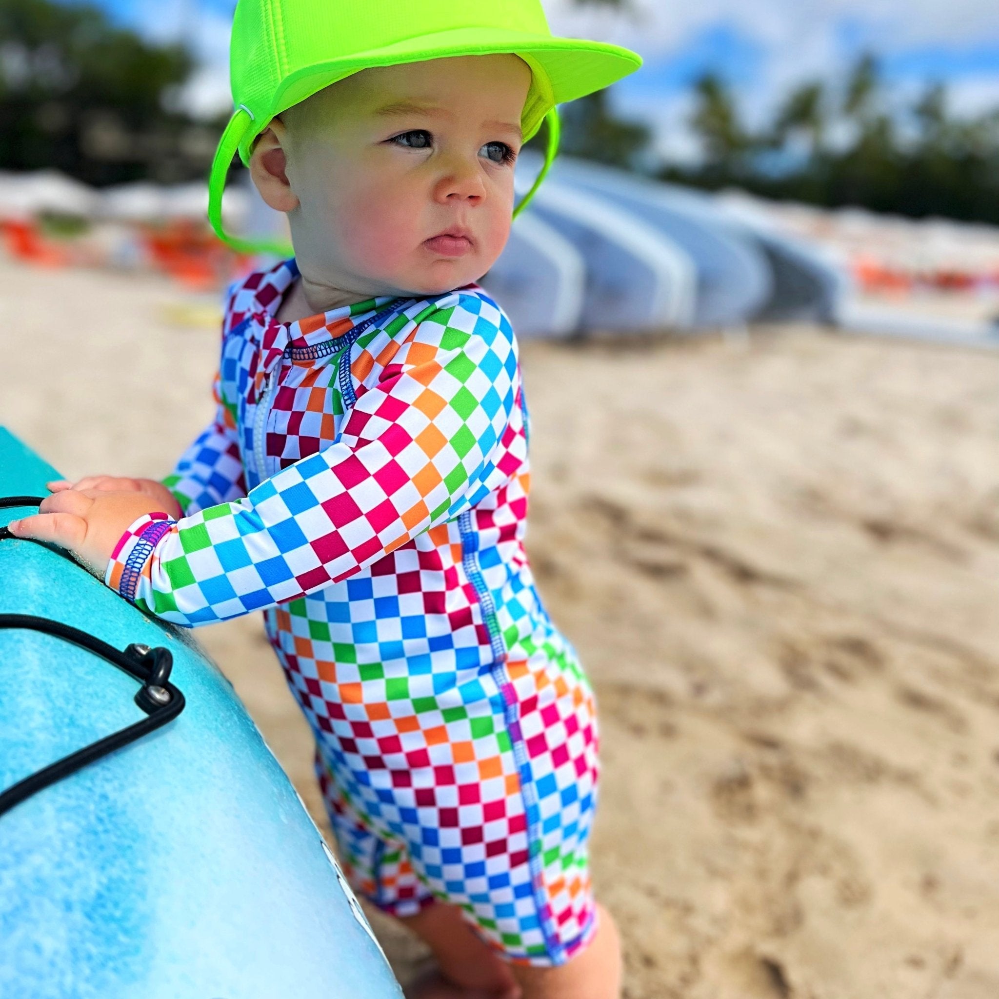 White Neon Check Long Sleeve Sunsuit - George Hats