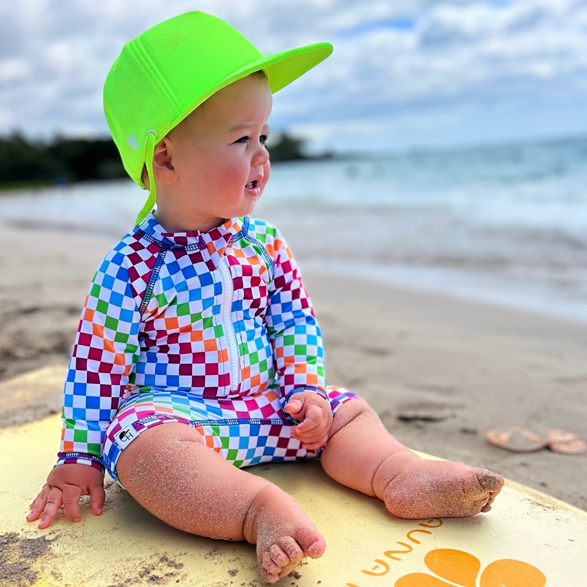 White Neon Check Long Sleeve Sunsuit - George Hats