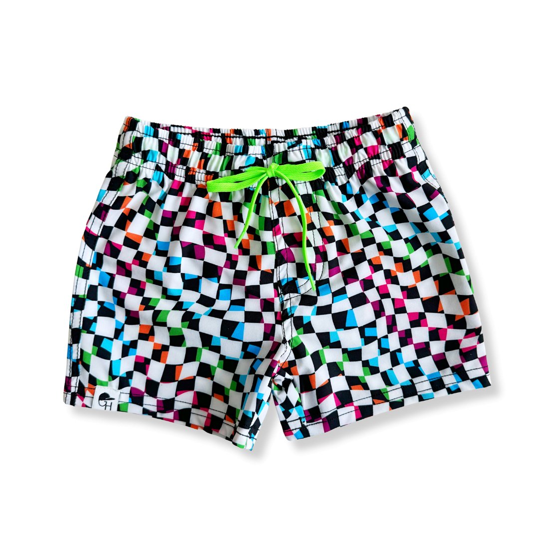 White Neon Groovy Check Hybrid Swim Shorts - George Hats